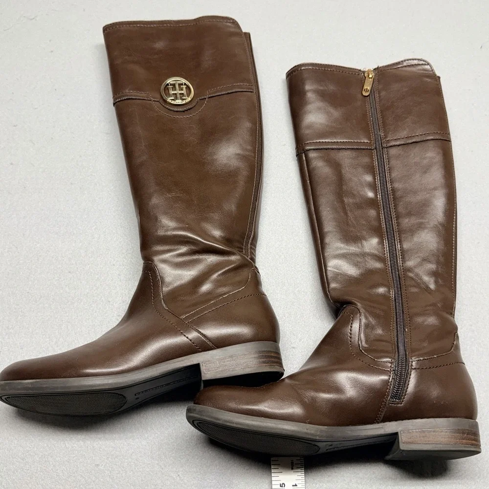 Tommy Hilfiger Women's Brown Leather Knee High Boots Side‎ Zip Riding Size 6M